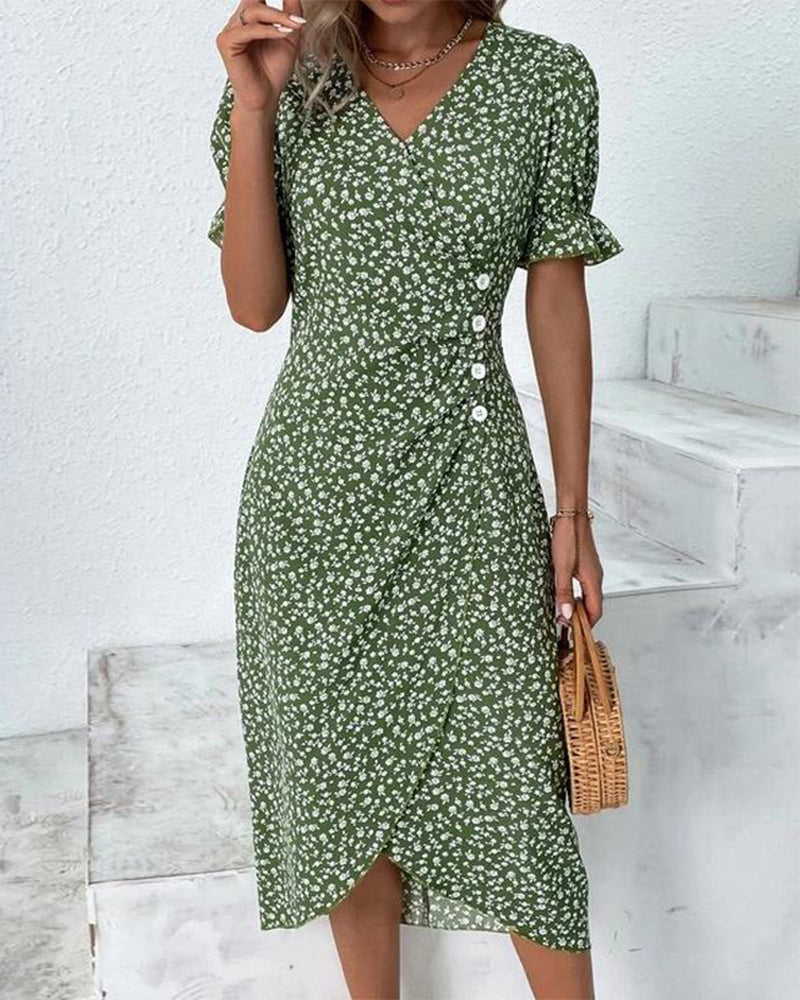 Gloria - Fresh V-Neck Dress with Floral Pattern
