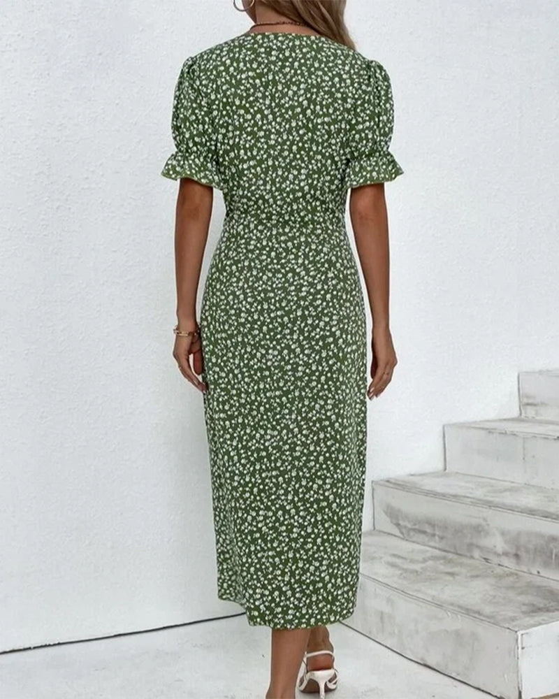 Gloria - Fresh V-Neck Dress with Floral Pattern