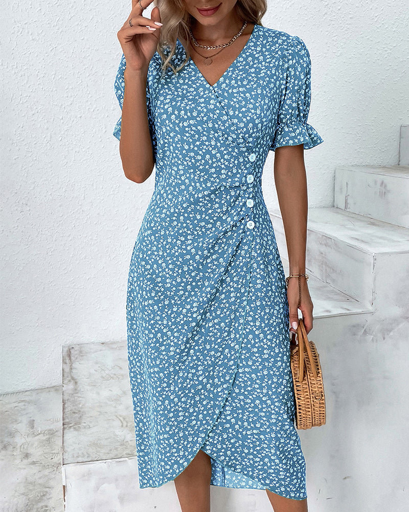 Gloria - Fresh V-Neck Dress with Floral Pattern