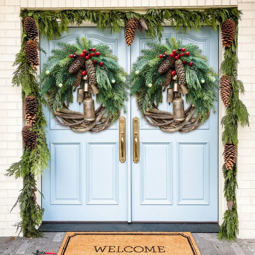 Christmas Wreath | Boho Style | Rustic Vine Base with Pinecones & Golden Bells