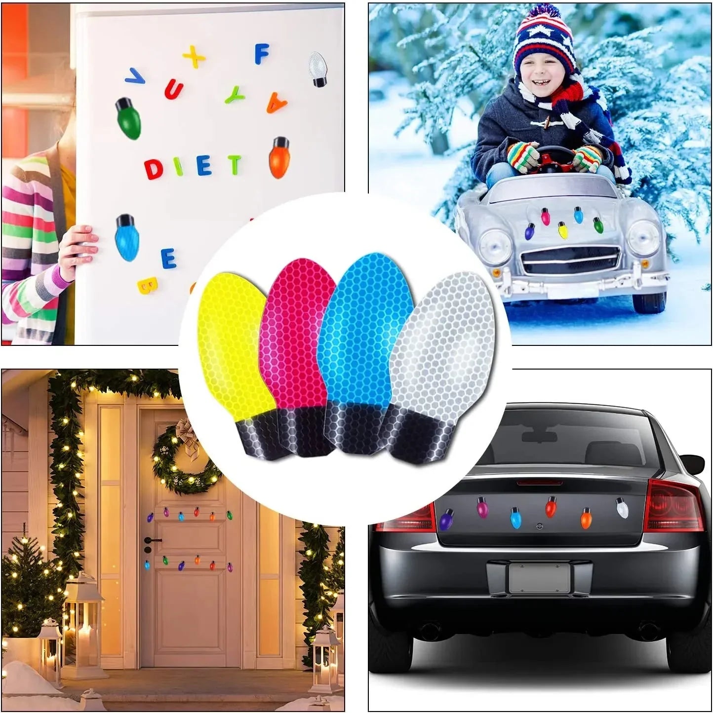 Christmas Car Magnet Decorations | Reflective Holiday Light Bulb Set | Weatherproof & Reusable