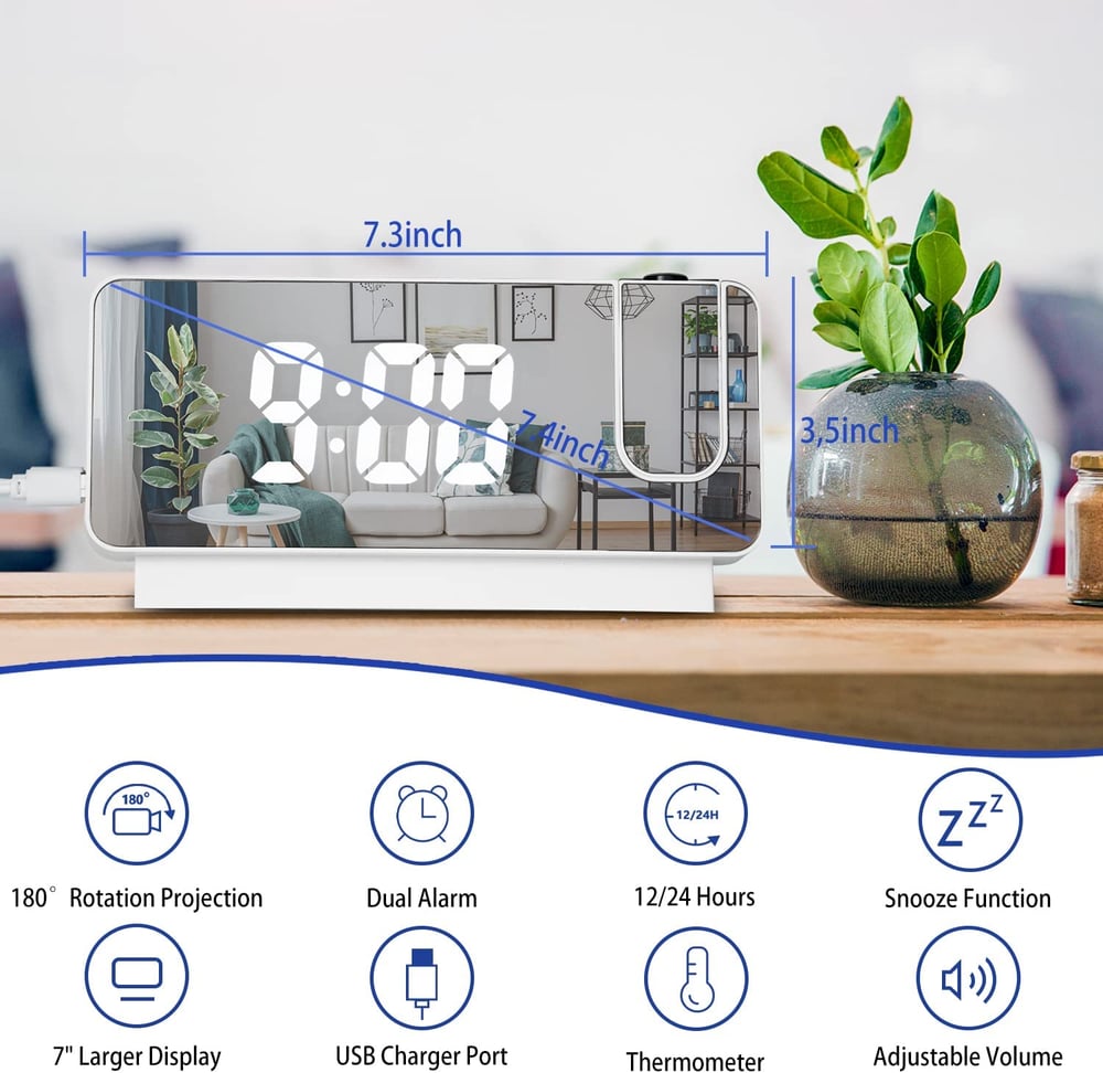 Projection Alarm Clock | LED Display with Mirror Surface | Dual Alarms & Temperature | 19cm