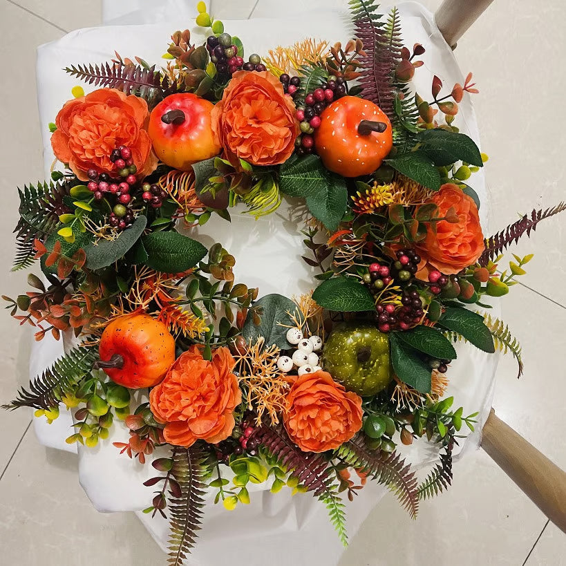Autumn Door Wreath | Rustic Peony & Pumpkin Design | Handcrafted Fall Decoration