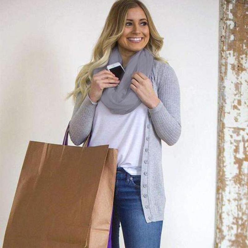 Winter Scarf with Hidden Pocket | Soft Warm Fabric | Travel Essential | 180×50 cm