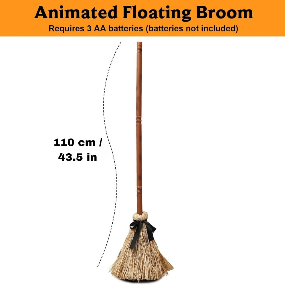 Halloween Floating Witch Broom | Voice & Touch Activated | Eerie Laugh Effect | Battery Powered
