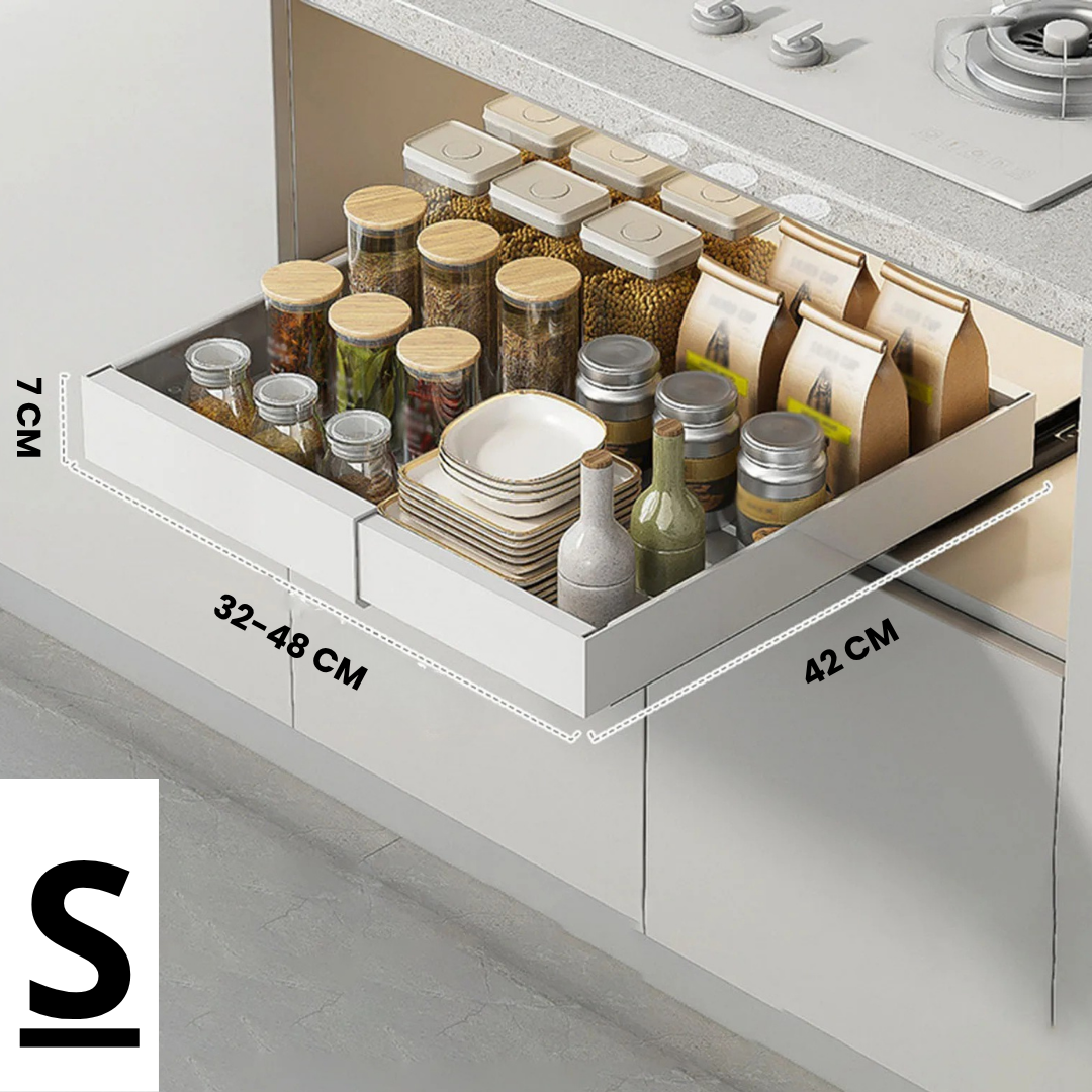 Kitchen Cabinet Organizer Shelf | Extendable Carbon Steel Rack with Sliding Drawer