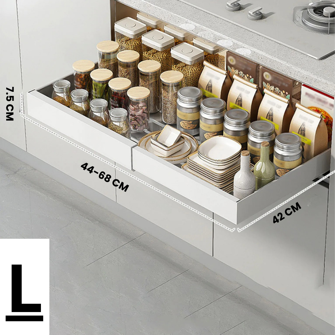 Kitchen Cabinet Organizer Shelf | Extendable Carbon Steel Rack with Sliding Drawer