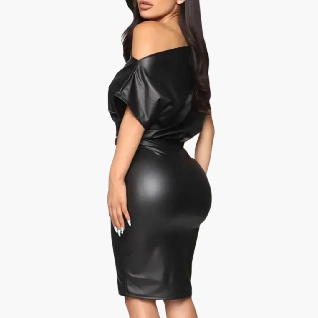 Off-the-shoulder dress made of faux leather