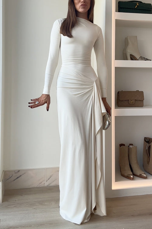 Blanc™ - Maxi dress with long sleeves, draping, and slit for parties