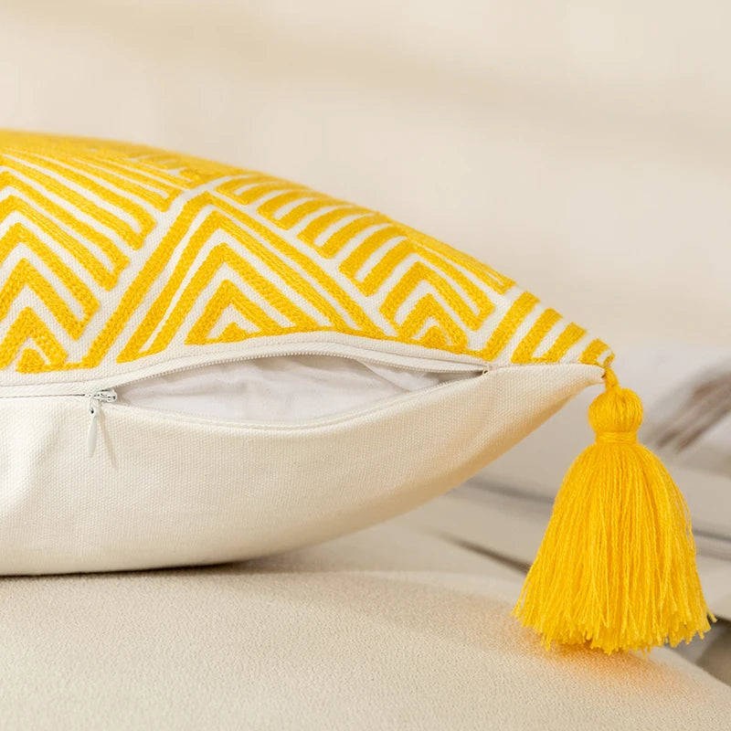 Yellow Geometric Embroidery Cushion Covers