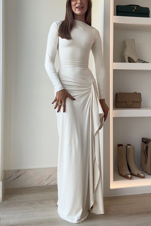Blanc™ - Maxi dress with long sleeves, draping, and slit for parties