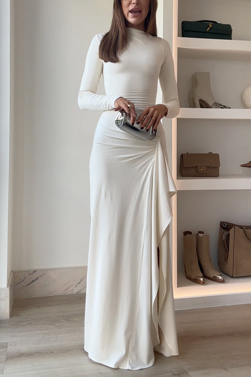 Blanc™ - Maxi dress with long sleeves, draping, and slit for parties