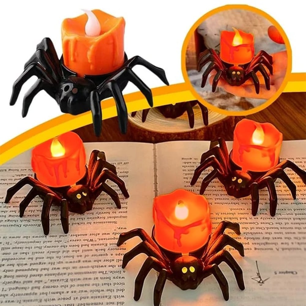 Halloween Spider LED Candle Lights | Flameless Battery Operated | Warm Yellow Glow | Indoor/Outdoor Decoration