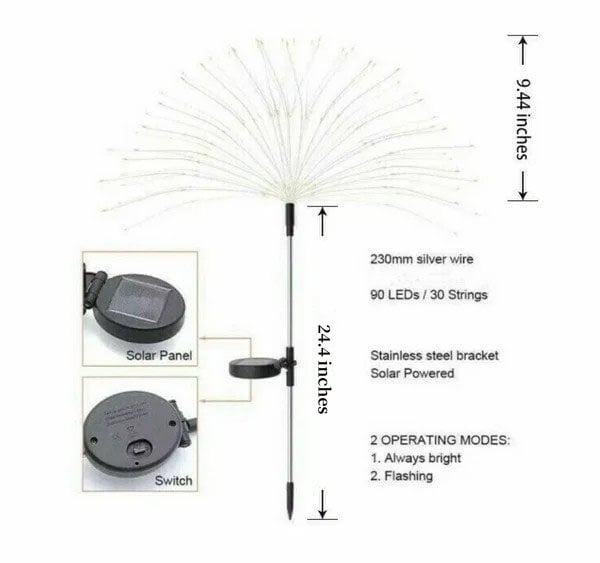 Solar Firework String Lights | 90 LED | Waterproof IP65 | Garden & Outdoor Decoration | 95cm