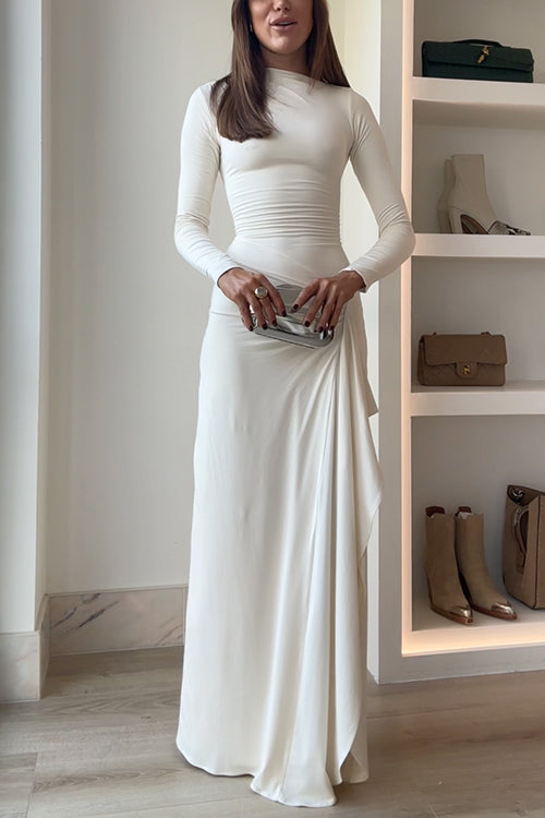 Blanc™ - Maxi dress with long sleeves, draping, and slit for parties