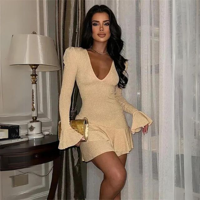 Glitter Mini Dress with Bell Sleeves