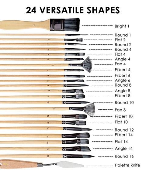 Artist Paint Brush Set | 24 Nylon Brushes with 7 Shapes & Palette Knife | Acrylic, Oil & Watercolor