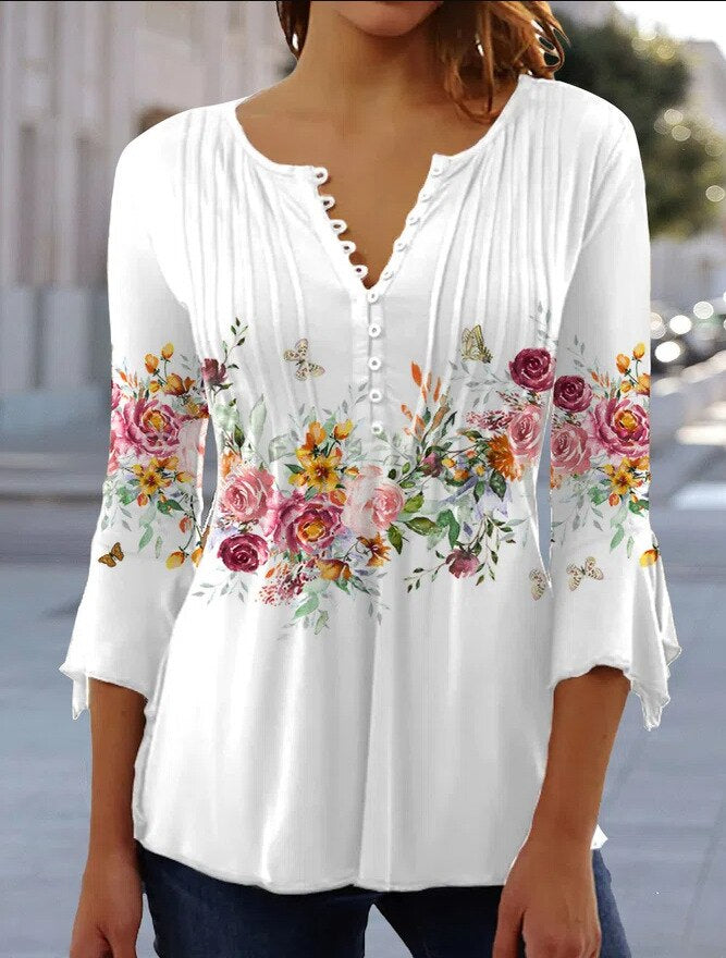 Elegant women's top with long sleeves, button placket, cotton blend