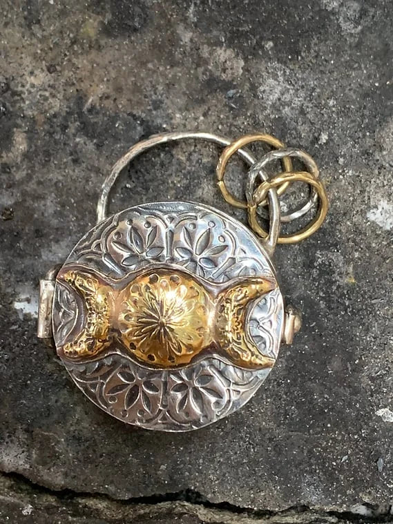 Silver Locket Necklace | Triple Moon & Tree of Life | Keepsake with Quartz Crystal