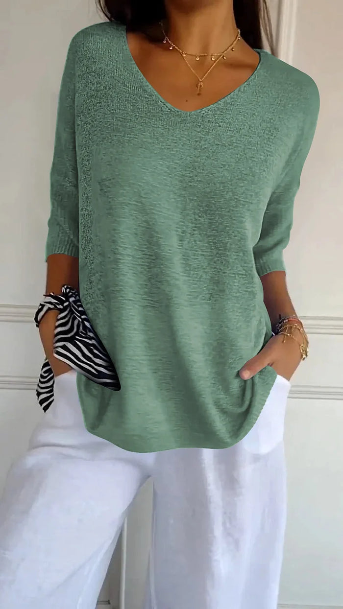 Knitted Top with V-Neck for Women | 3/4 Sleeves