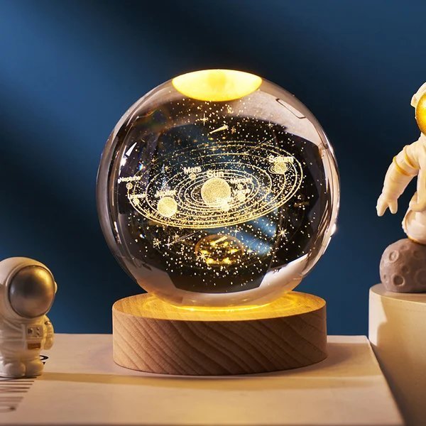 3D Solar System Crystal Ball | Laser Engraved | Educational Gift with LED Base Option