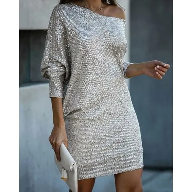 G shiny mini dress with one shoulder