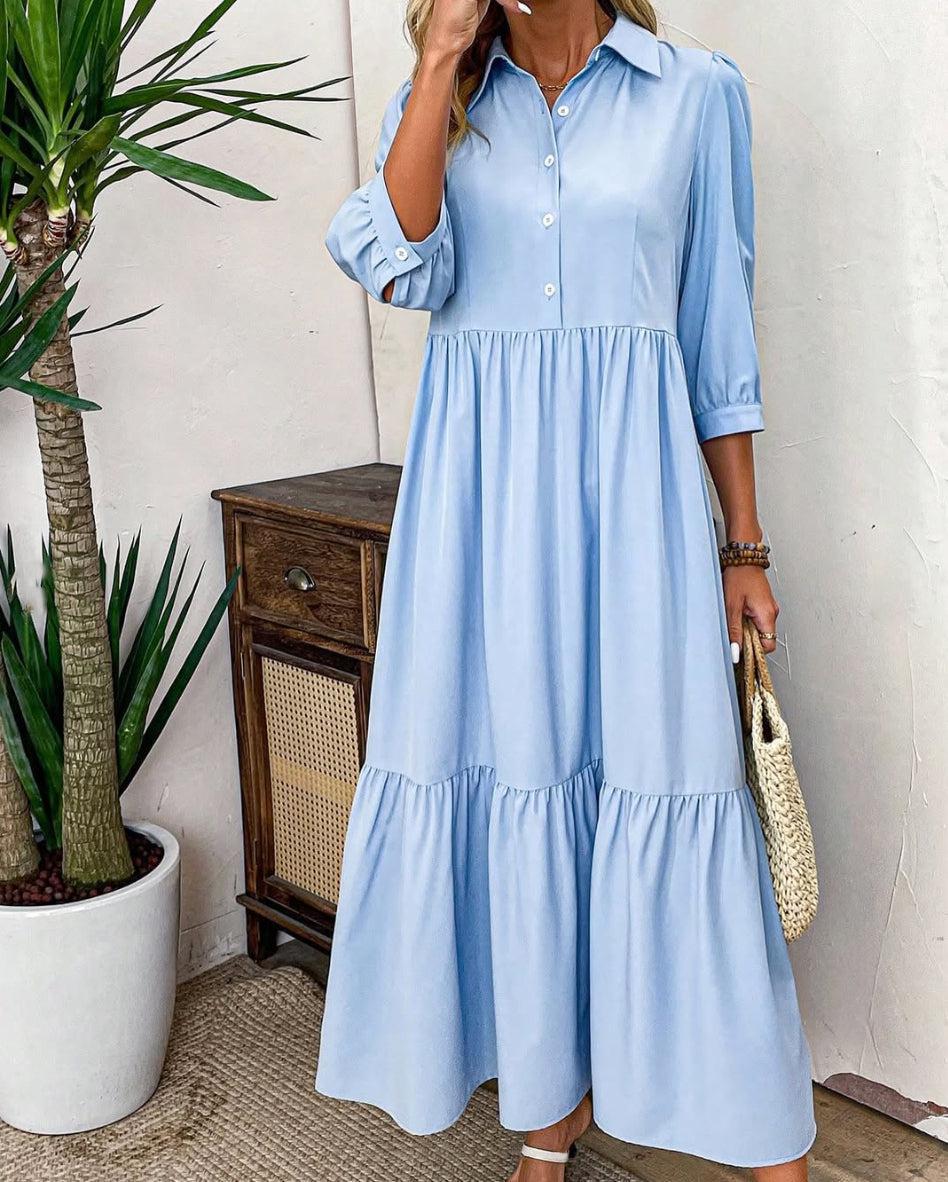 Blaues einfarbiges Maxikleid mit 3/4 Ärmeln