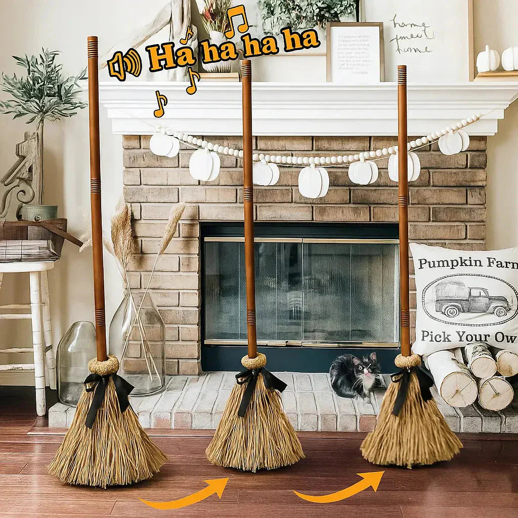 Halloween Floating Witch Broom | Voice & Touch Activated | Eerie Laugh Effect | Battery Powered
