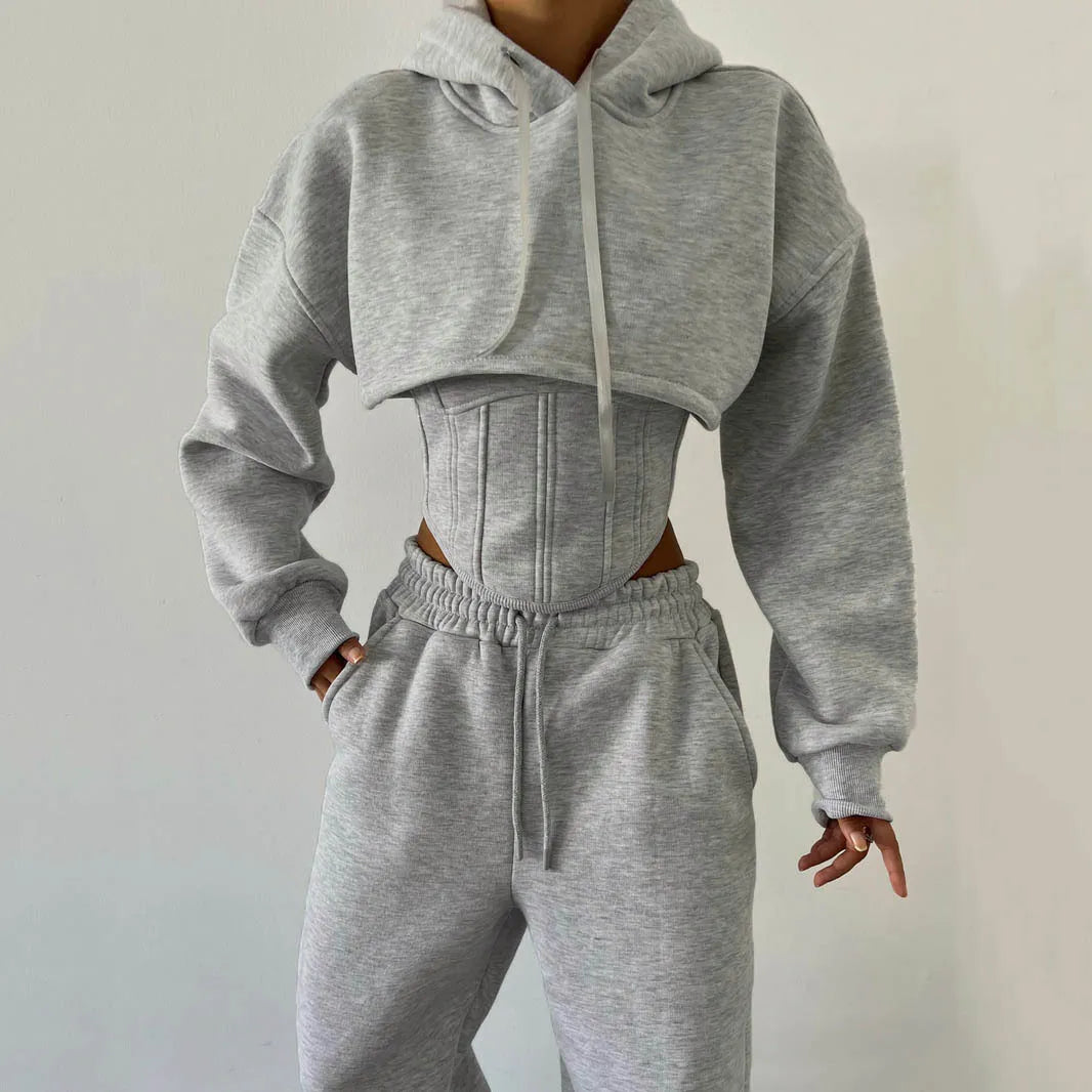 Women’s Three-Piece Lounge Set | Cropped Hoodie, Tank Top & Ankle Pants | Soft Polyester