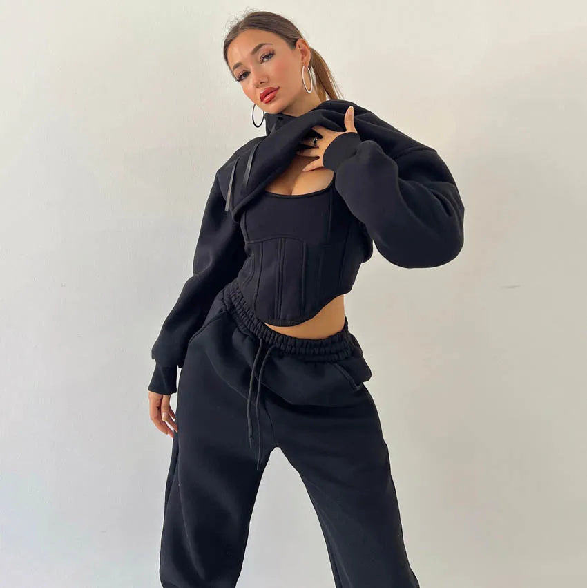 Women’s Three-Piece Lounge Set | Cropped Hoodie, Tank Top & Ankle Pants | Soft Polyester