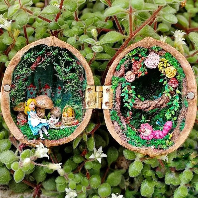 Miniature Walnut House Ornament | Handmade Gift | Clay & Wood Details with Light-Up Design