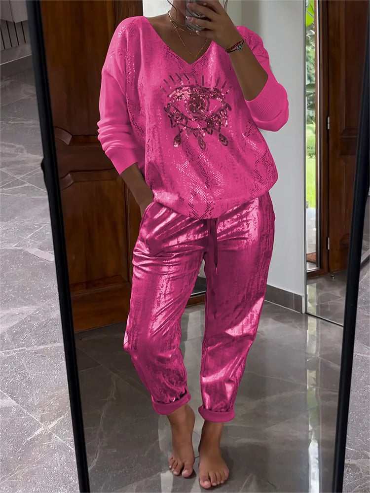 Women’s Two-Piece Outfit | V-Neck Long Sleeve Top & Glitter Pants Set | Spring/Summer