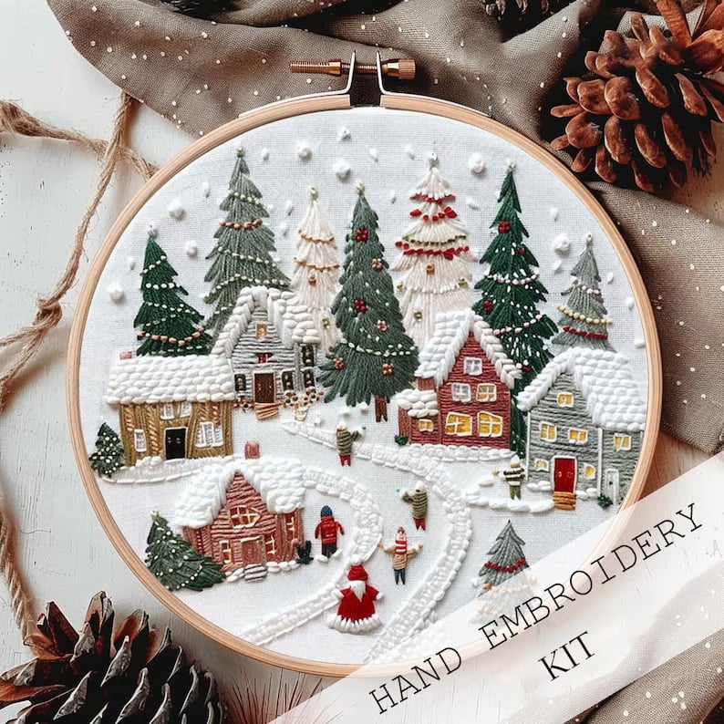 Christmas Embroidery Kit | Winter Snowy Village Pattern | Beginner Craft Set with Hoop & Threads