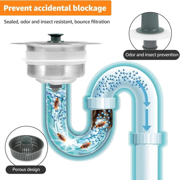 Drain Strainer & Stopper | 304 Stainless Steel + ABS | Anti-Clog Basket | Fits Standard Kitchen Sinks