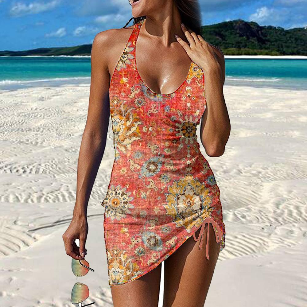 Orange Print Halter Swimwear
