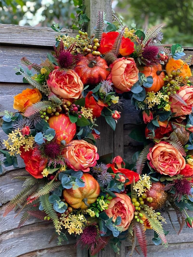Autumn Door Wreath | Rustic Peony & Pumpkin Design | Handcrafted Fall Decoration