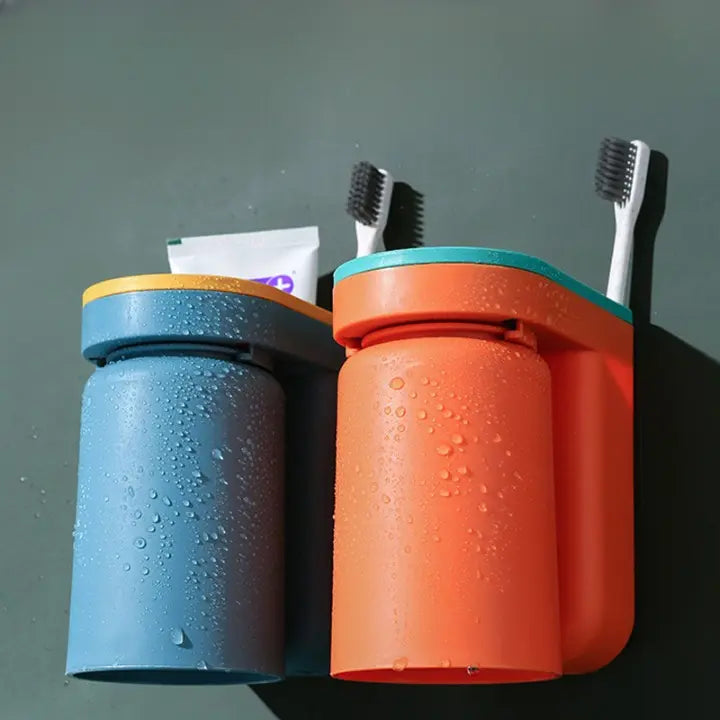 Toothbrush Holder with Cup | Wall-Mounted | Self-Adhesive | ABS Plastic | 11.5×7×12.5cm