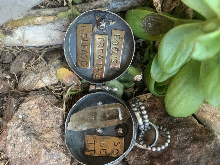 Silver Locket Necklace | Triple Moon & Tree of Life | Keepsake with Quartz Crystal