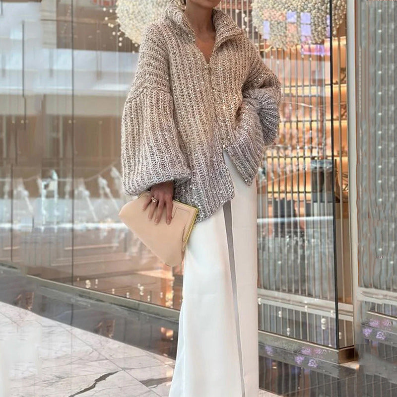 Women’s Knitted Sweater Jacket | Subtle Sequin Detail | Lightweight Soft Fabric | Beige or Sky Blue
