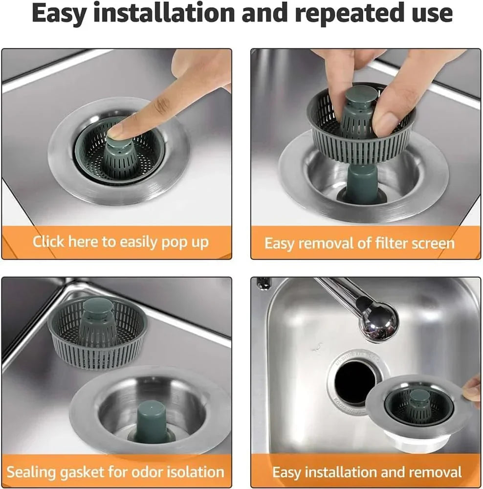 Drain Strainer & Stopper | 304 Stainless Steel + ABS | Anti-Clog Basket | Fits Standard Kitchen Sinks