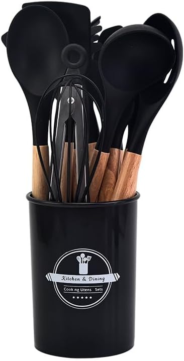 Silicone Cooking Utensil Set | Nonstick Safe | Wooden Handle | Heat Resistant