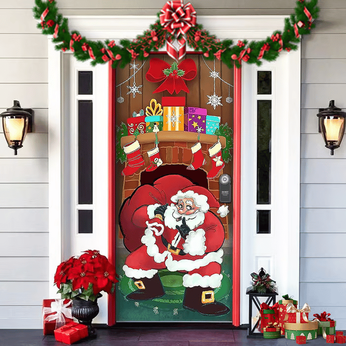 Christmas Door Cover | Santa & Gingerbread Design | Festive Entrance Decoration | Easy Installation | 36×80 in