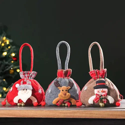Christmas Gift Bags | Reusable Fabric with Drawstring | Santa, Snowman & Reindeer Patterns | 2 Sizes
