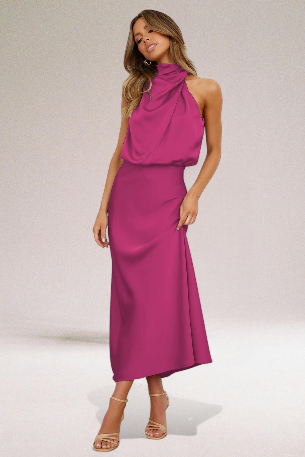 Aveline – Elegant Satin Halter Maxi Dress for Women