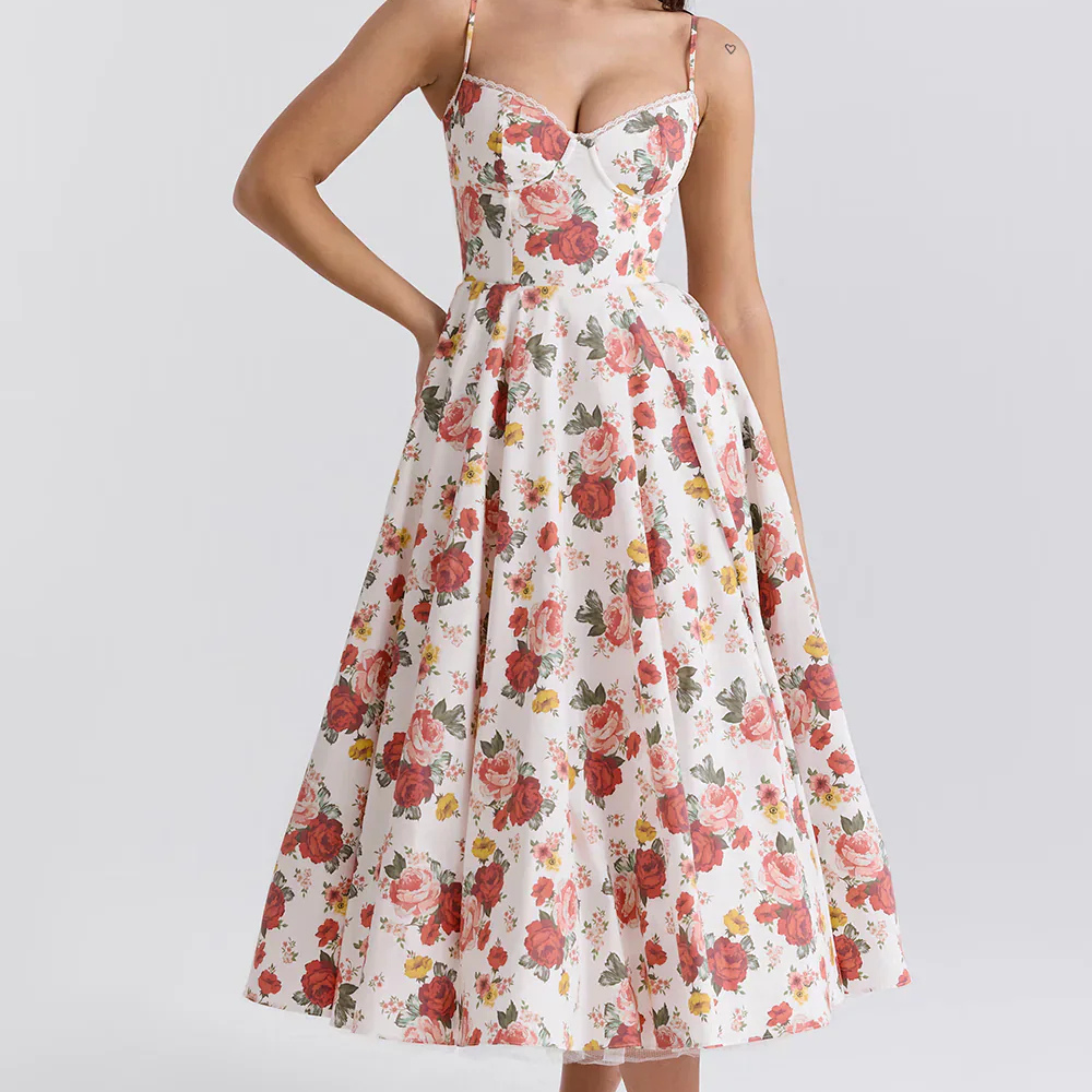 Juliette - Midi Dress with Floral Corset for Women
