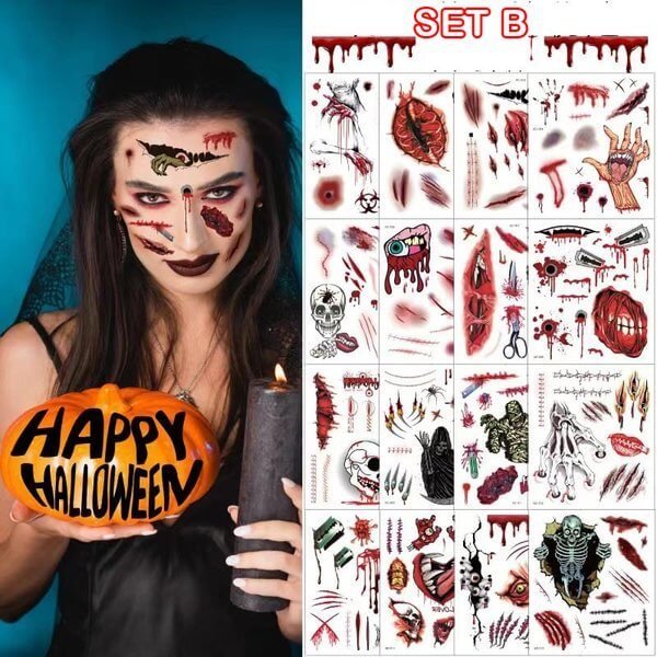 Halloween Temporary Tattoos | Day of the Dead & Horror Costume Stickers | Waterproof, Long-Lasting