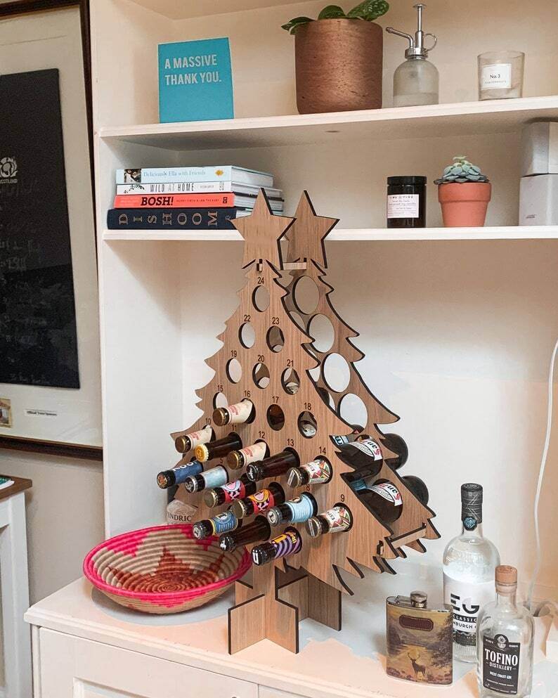 Christmas Advent Calendar Tree | Wooden Beer & Wine Holder | Reusable Birch Wood