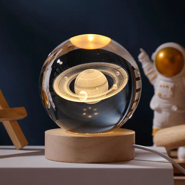3D Solar System Crystal Ball | Laser Engraved | Educational Gift with LED Base Option