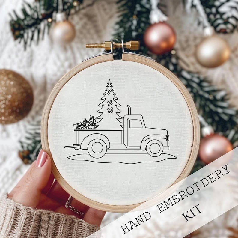 Christmas Embroidery Kit | Winter Snowy Village Pattern | Beginner Craft Set with Hoop & Threads