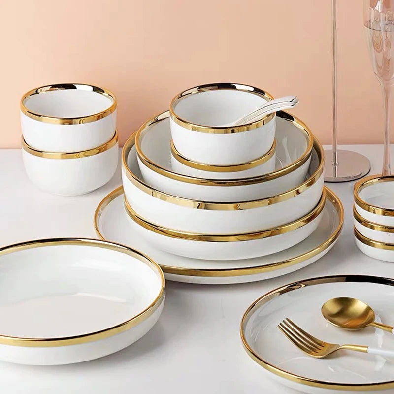 Classical Nordic Bone China Plates Set with Golden Edge, Porcelain Light Green Dinnerware for Elegant Dining